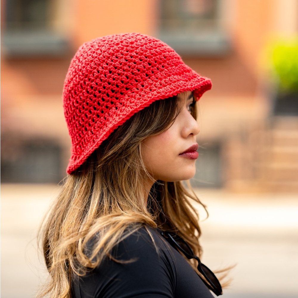 Red cotton crochet bucket hat